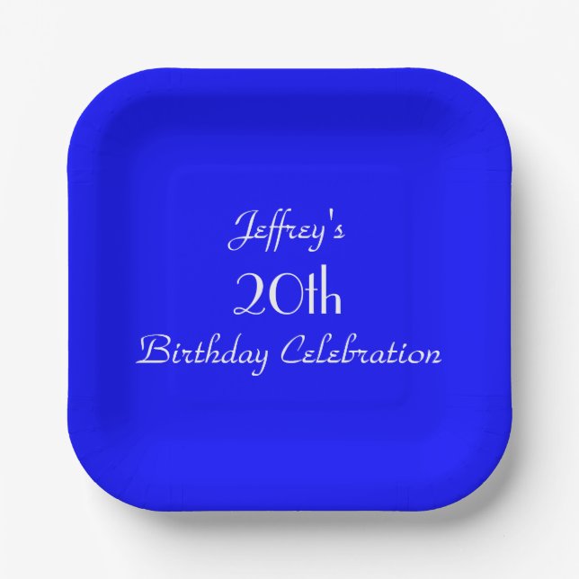 Bright Blue, Name, 20th Birthday Party Minimalist Paper Plate (Front)