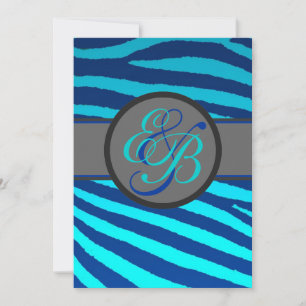 Bright blue neon zebra stripes wedding invitations