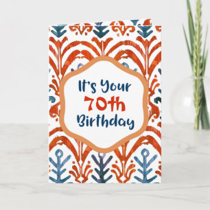 Bright Blue Orange Tribal Ikat 70th Birthday Card