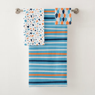BRIGHT BLUE ORANGE WHITE PATTERNS BATH TOWEL SET