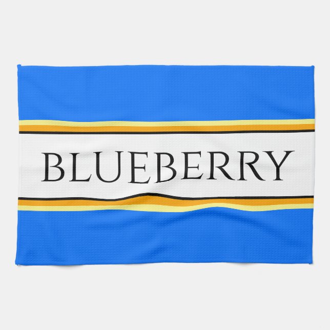 Bright Blue Orange White Stripes "BLUEBERRY" Text Tea Towel (Horizontal)