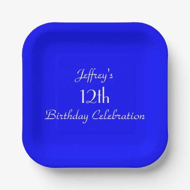 Bright Blue Paper Plates, 12th Birthday Party Plate (Front)
