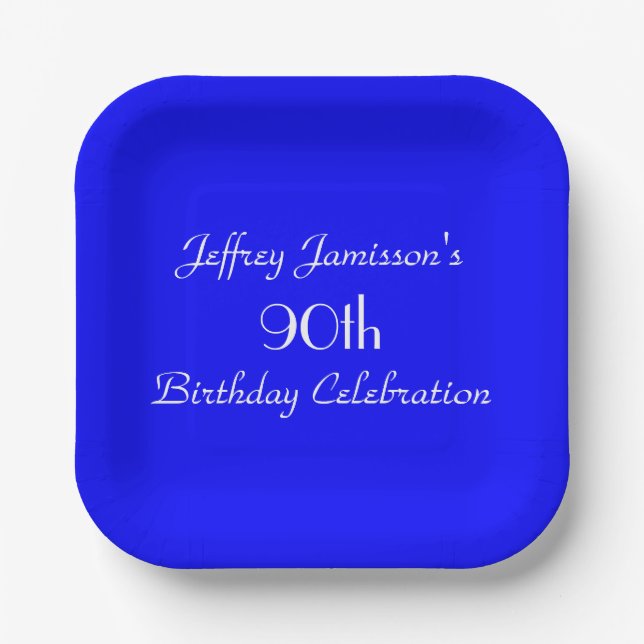 Bright Blue Paper Plates, 90th Birthday Party Paper Plate (Front)