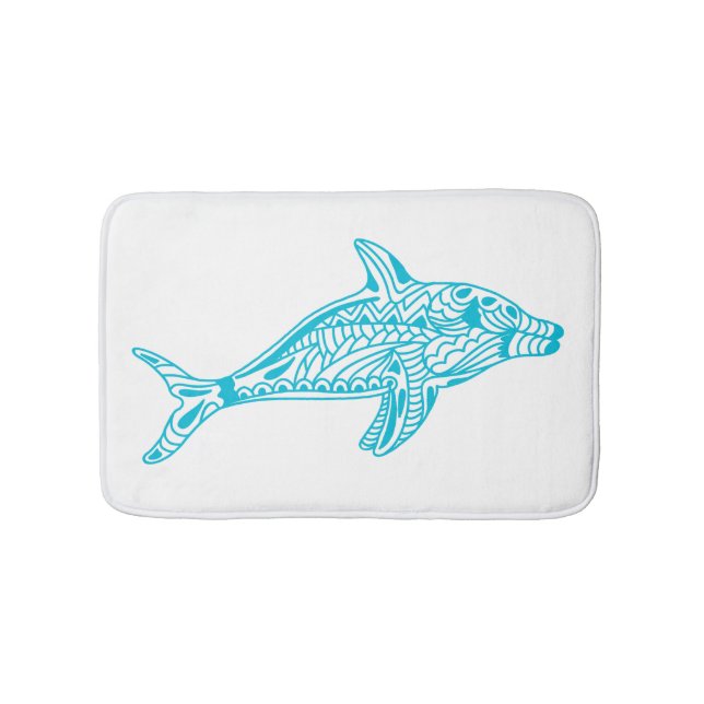 Bright Blue Pattern Dolphin Art Bath Mat (Front)