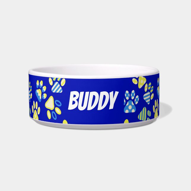 Bright Blue Paw Print Personalised Bowl (Front)