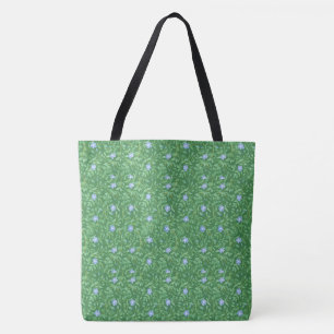 Bright Blue Periwinkle Flowers on Dark Green Tote Bag