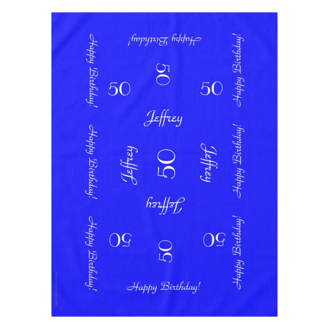 Bright Blue Personalised 50th Birthday Party Tablecloth (Front)