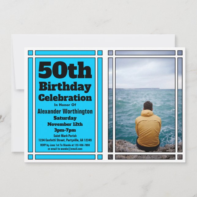 Bright Blue Photo 50th Birthday Party Invitation (Front)