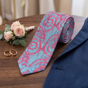 Bright Blue Pink Funky Batik Spirals Pattern Tie