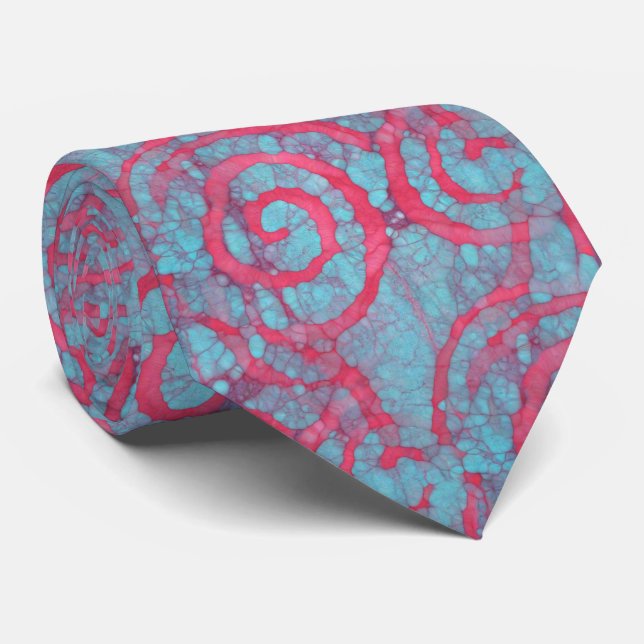 Bright Blue Pink Funky Batik Spirals Pattern Tie (Rolled)