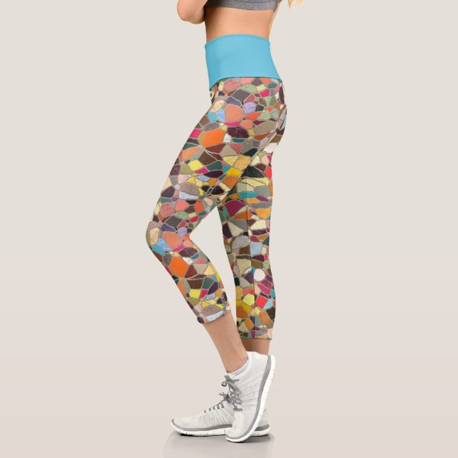 Bright Blue Pink Yellow Orange Purple Mosaic Capri Leggings (Left)