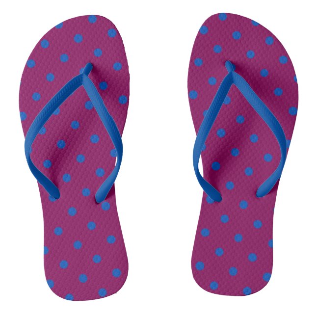 Bright Blue Polka Dots on Aubergine Pattern Flip Flops (Footbed)