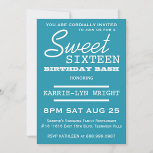 Bright Blue Poster Style Sweet 16 Party Invitation