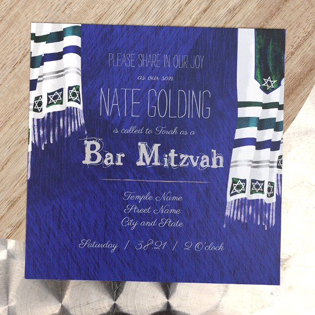 Bright Blue Prayer Shawl Bar Mitzvah Invitation (Unique Royal Blue Square Bar Mitzvah Invitation with Striped Tallit Prayer Shawls, Striped Silver)