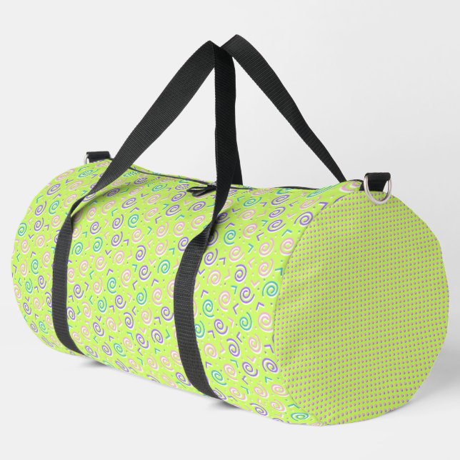 BRIGHT BLUE PURPLE & LIME GREEN PATTERNS DUFFLE BAG (Left Corner)