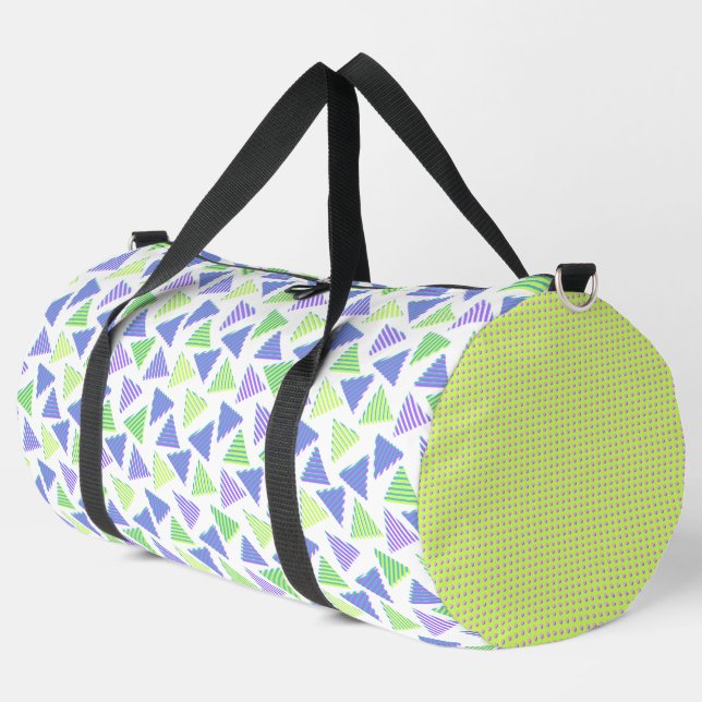 BRIGHT BLUE PURPLE & LIME GREEN PATTERNS DUFFLE BAG (Left Corner)