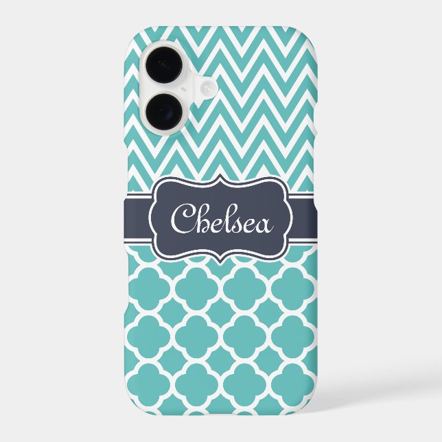 Bright Blue Quatrefoil Chevron Patterns Navy Name (Back)