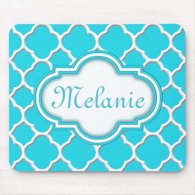 Bright Blue Quatrefoil Trellis Pattern Mouse Mat (Front)