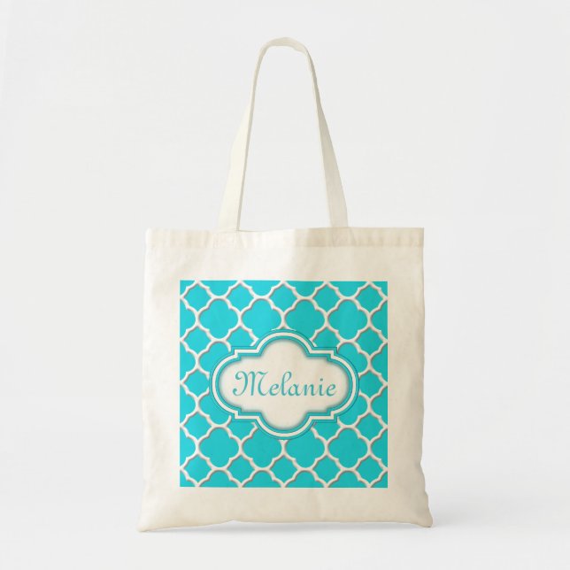 Bright Blue Quatrefoil Trellis Pattern Tote Bag (Front)