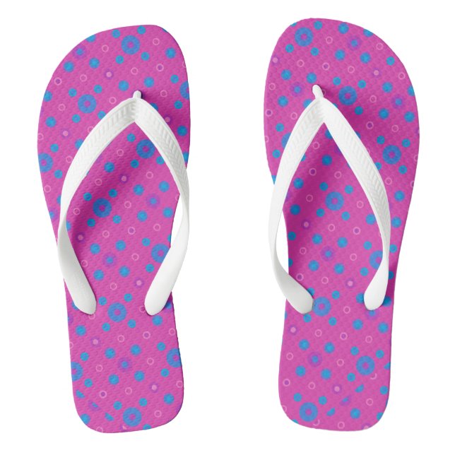 Bright Blue Quirky Polka Dots on Magenta Flip Flops (Footbed)