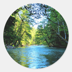 Bright Blue River Under Green Trees in Washington Classic Round Sticker
