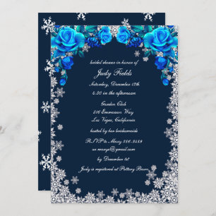 Bright Blue Rose Snowflake Christmas Bridal Shower Invitation