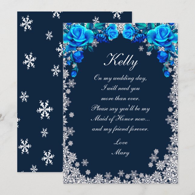 Bright Blue Rose Snowflake Christmas Maid Of Honou Invitation (Front/Back)
