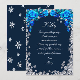 Bright Blue Rose Snowflake Christmas Maid Of Honou Invitation