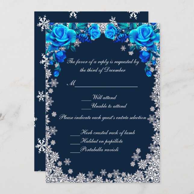 Bright Blue Rose Snowflake Christmas Response Card (Front/Back)