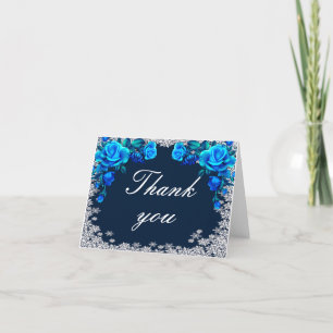 Bright Blue Rose Snowflake Christmas Thank You Card