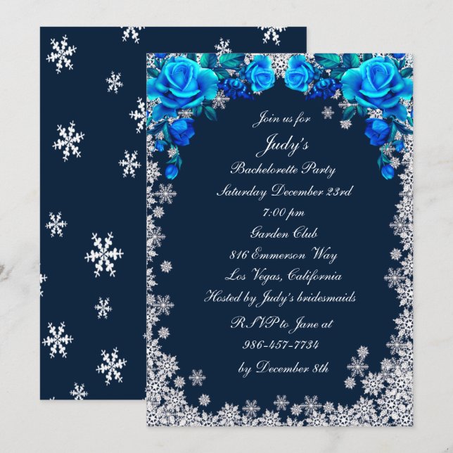 Bright Blue Roses Snowflake Bachelorette Party Invitation (Front/Back)