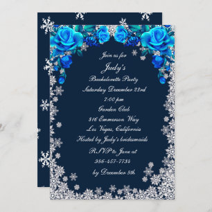 Bright Blue Roses Snowflake Bachelorette Party Invitation