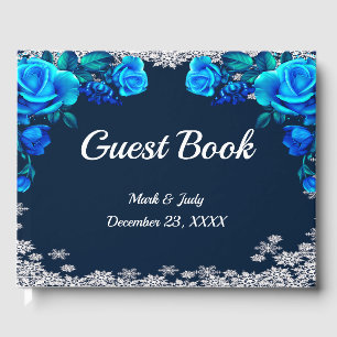 Bright Blue Roses Snowflake Christmas Guest Book