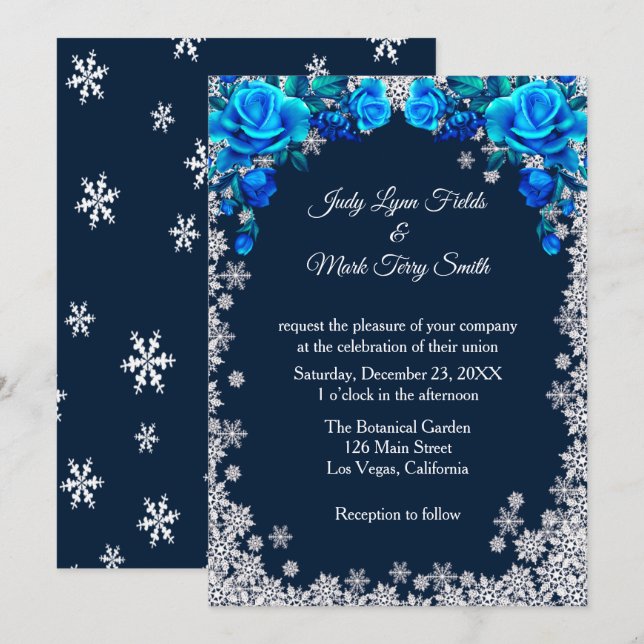 Bright Blue Roses Snowflake Christmas Invitation (Front/Back)