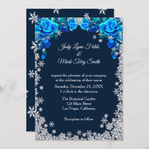 Bright Blue Roses Snowflake Christmas Invitation