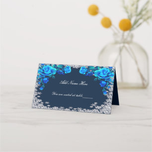 Bright Blue Roses Snowflake Christmas Place Card
