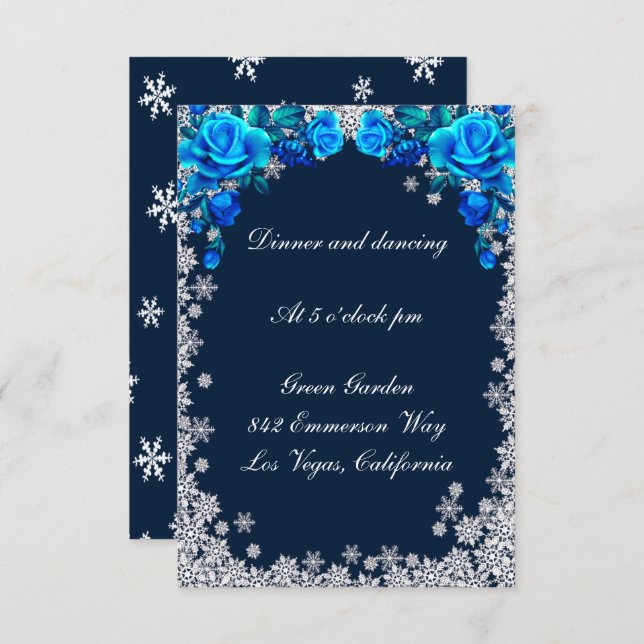 Bright Blue Roses Snowflake Christmas Reception Enclosure Card (Front/Back)