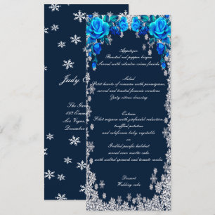 Bright Blue Roses Snowflake Christmas Wedding Menu