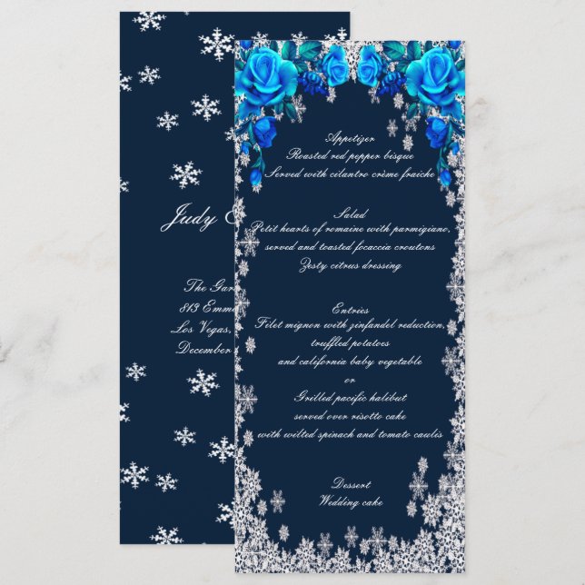 Bright Blue Roses Snowflake Christmas Wedding Menu (Front/Back)