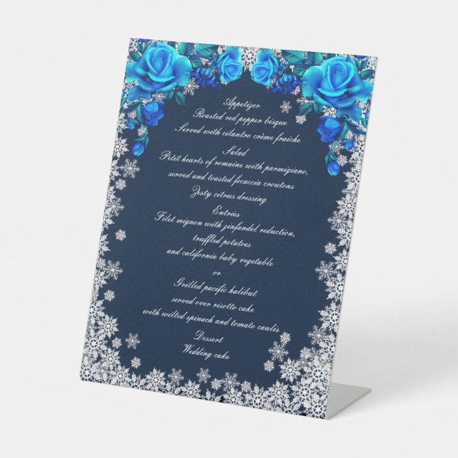 Bright Blue Roses Snowflake Christmas Wedding Menu Pedestal Sign (Front)