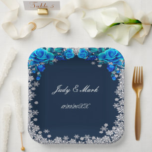 Bright Blue Roses Snowflake Christmas Wedding Paper Plate