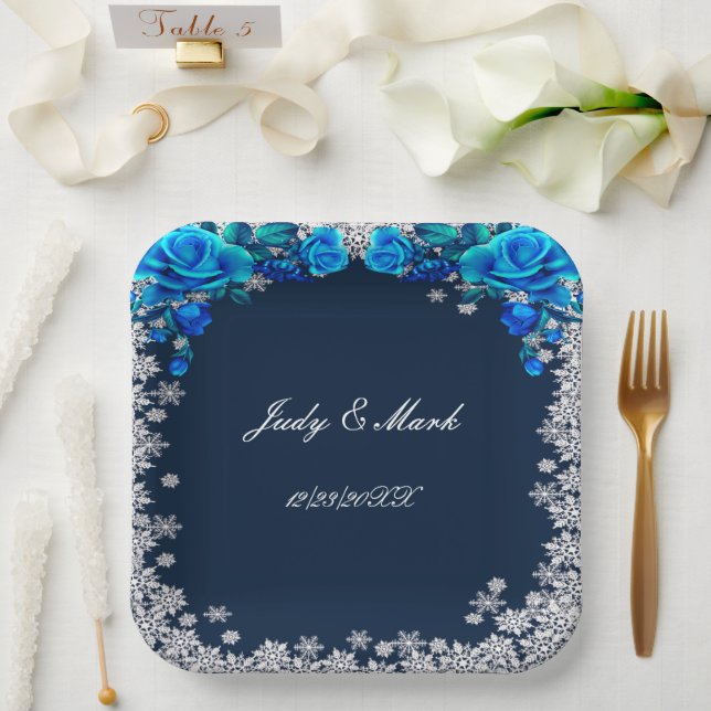 Bright Blue Roses Snowflake Christmas Wedding Paper Plate (Wedding)
