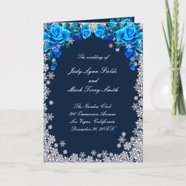 Bright Blue Roses Snowflake Christmas Wedding Programme (Front)