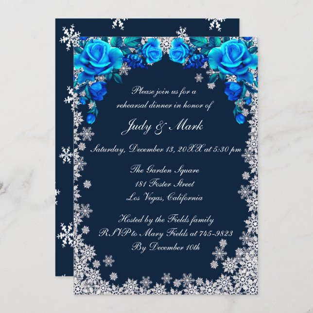 Bright Blue Roses Snowflake Rehearsal Dinner Invitation (Front/Back)