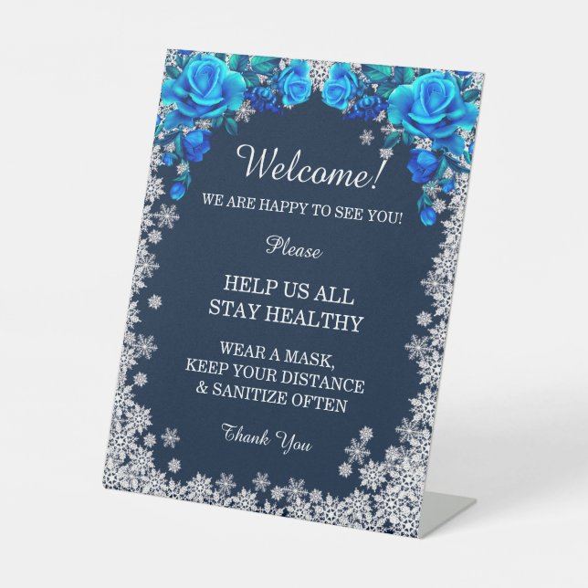 Bright Blue Roses Snowflake Safety Measure Pedestal Sign (Front)
