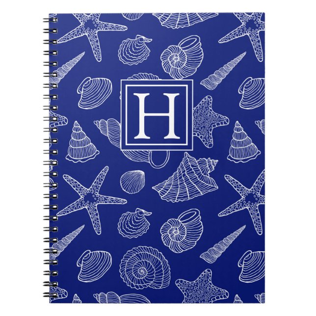 Bright Blue Shell Pattern | Add Your Initial Notebook (Front)