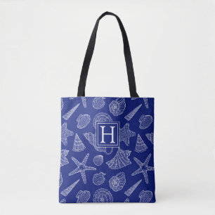 Bright Blue Shell Pattern   Add Your Initial Tote Bag