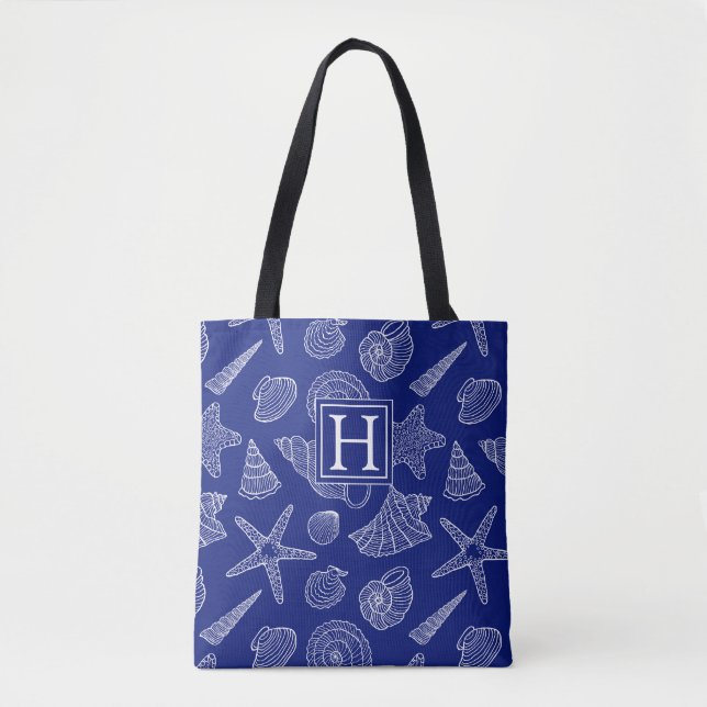 Bright Blue Shell Pattern | Add Your Initial Tote Bag (Front)
