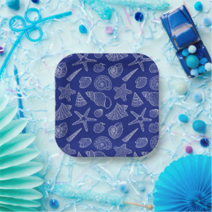Bright Blue Shell Pattern Paper Plate