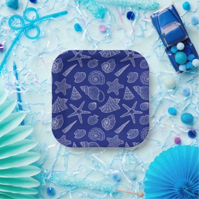 Bright Blue Shell Pattern Paper Plate (Party)